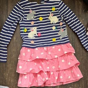 Mini Boden Striped Bunny Dress with Pink Polka Dot Skirt EUC